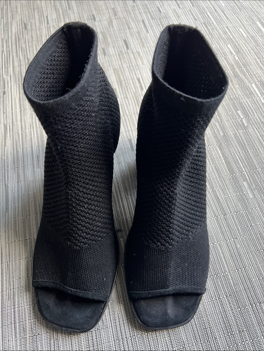 Eileen Fisher Croft Black Stretch Knit Open Toe Booties Block Heel Size 6